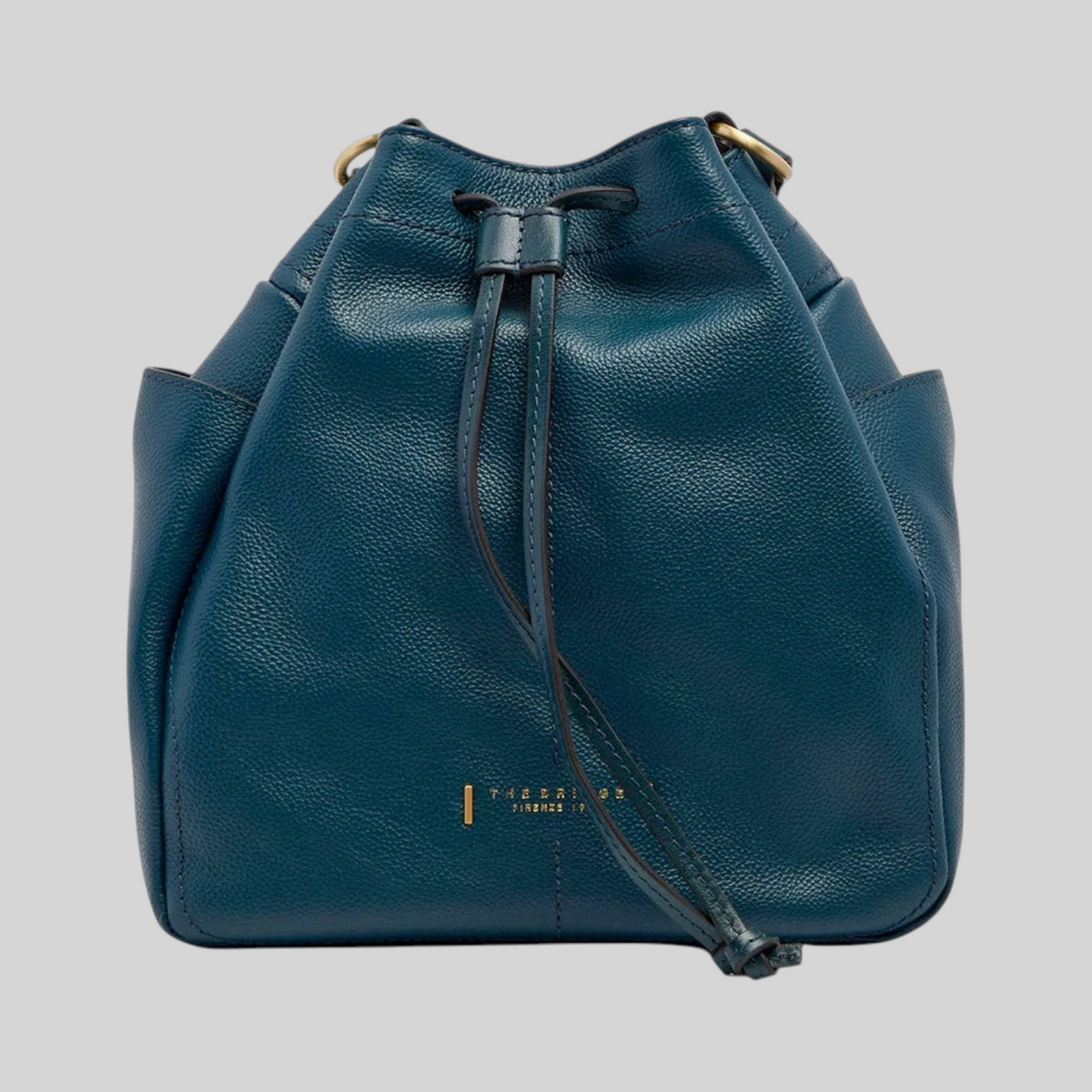 Borsa secchiello LIBUTTI Letizia in pelle di vacchetta blu petrolio con chiusura a coulisse e dettagli in metallo oro