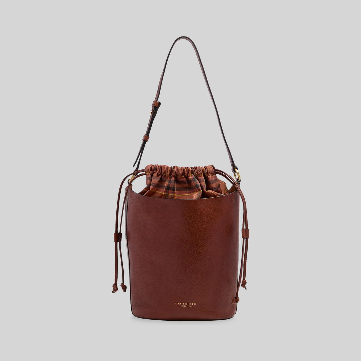 Borsa secchiello LIBUTTI Luce Soft in pelle marrone con chiusura a coulisse e interno foderato a quadri