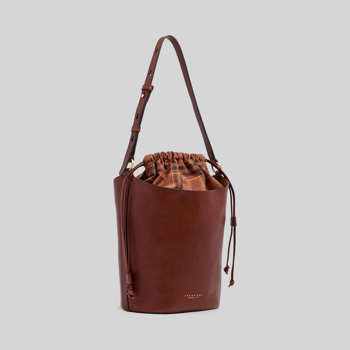 Borsa secchiello LIBUTTI Luce Soft in pelle marrone con chiusura a coulisse e interno in tessuto a quadri