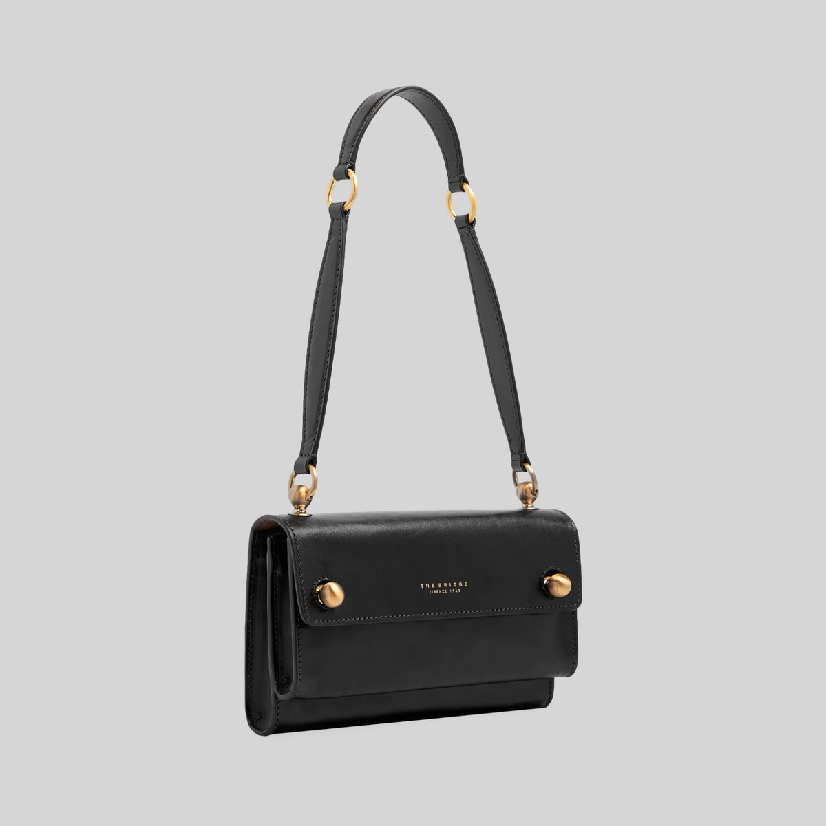 Borsa a spalla LIBUTTI in pelle nera con dettagli dorati, tracolla regolabile e design elegante artigianale
