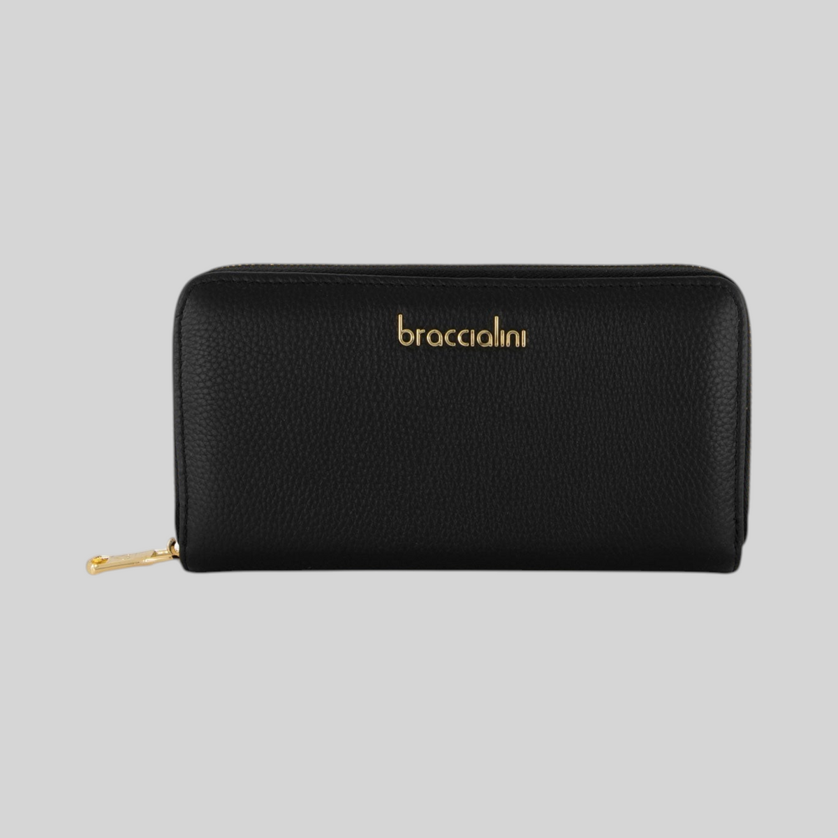Portafoglio LIBUTTI Braccialini Basic nero in pelle martellata con chiusura a zip e logo dorato frontale