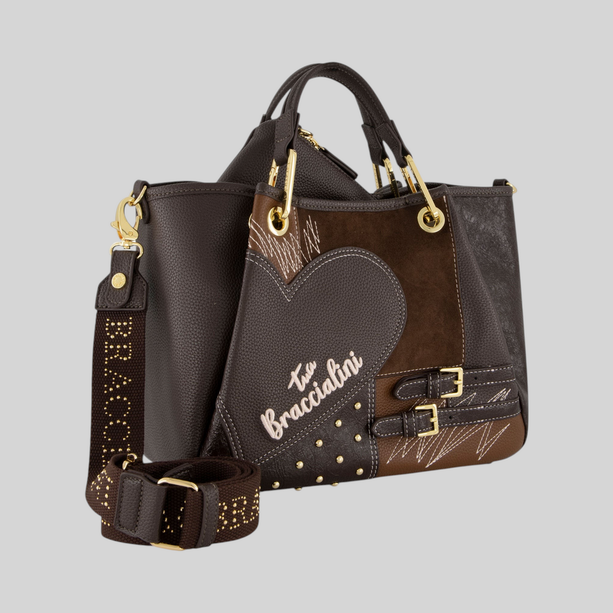 Borsa LIBUTTI Amy piccola in patchwork marrone con dettagli a cuore, borchie dorate e tracolla logata regolabile