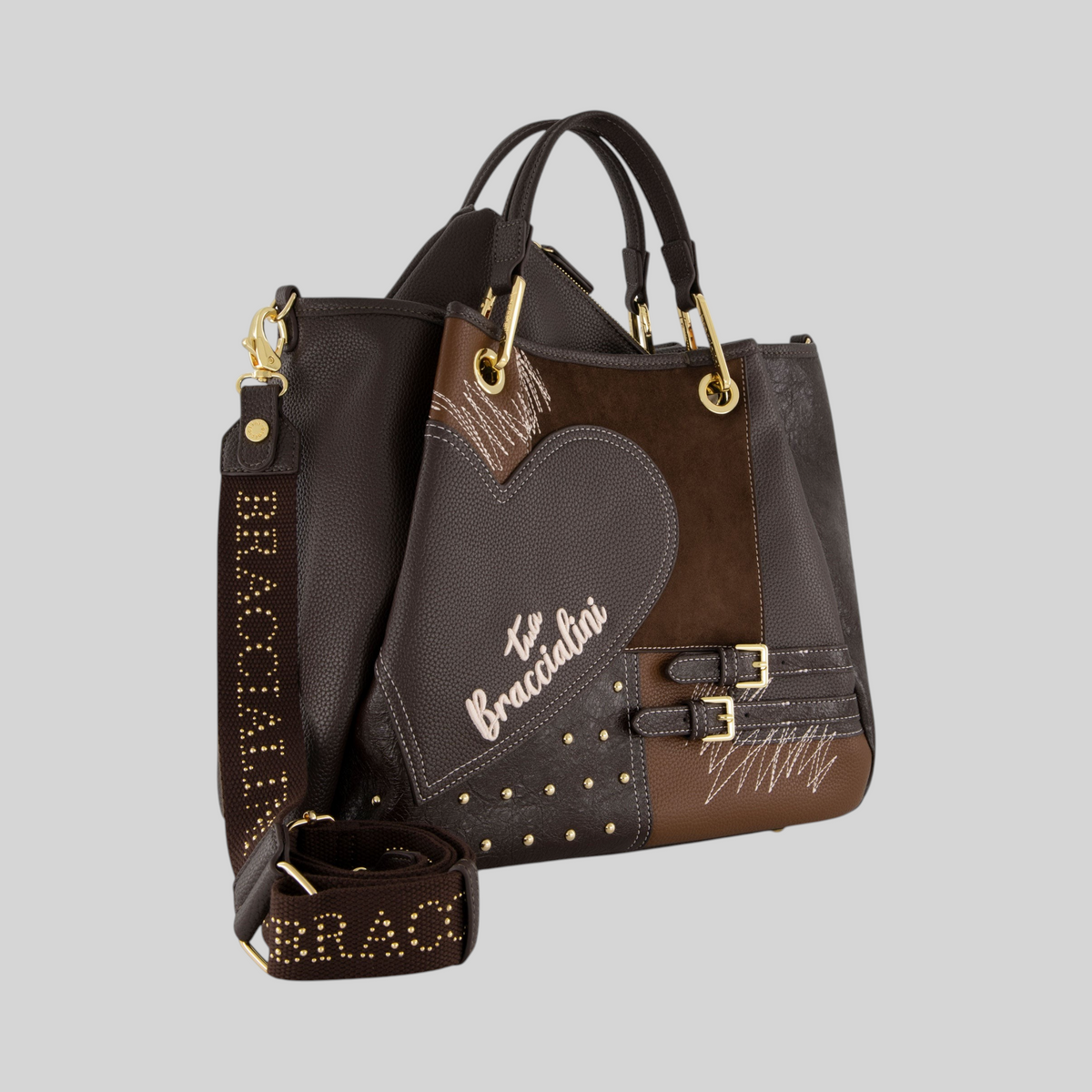 Borsa a mano LIBUTTI Amy Patchwork marrone con dettagli a cuore, borchie dorate e tracolla logata regolabile