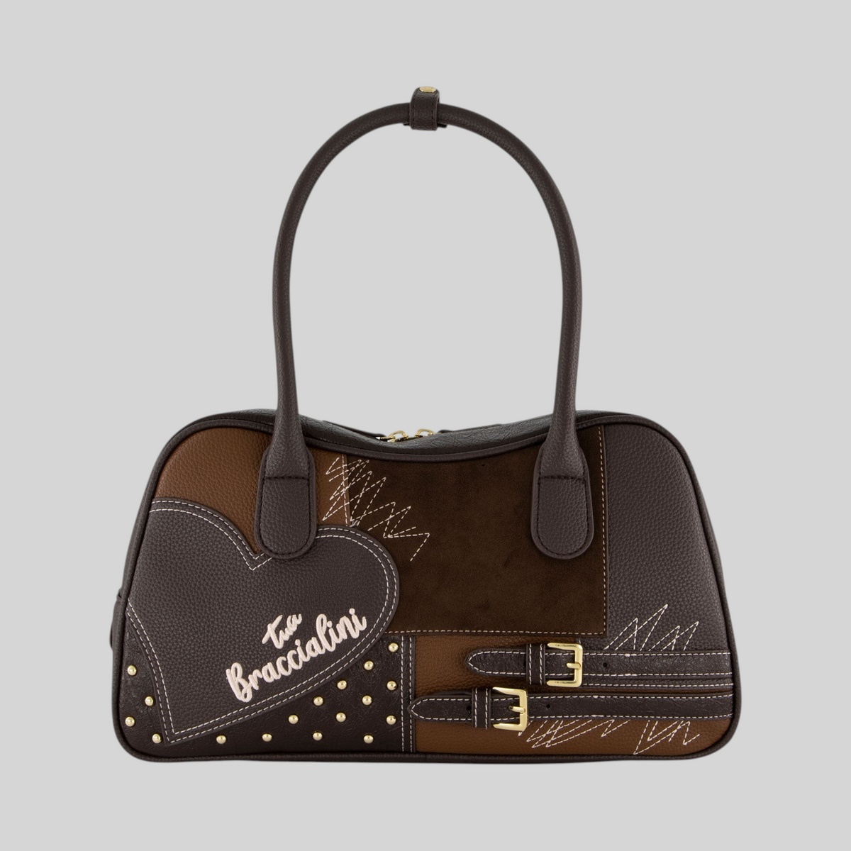 Bauletto LIBUTTI Amy in patchwork marrone con inserti in suede, maxi cuore ricamato, borchie e dettagli dorati