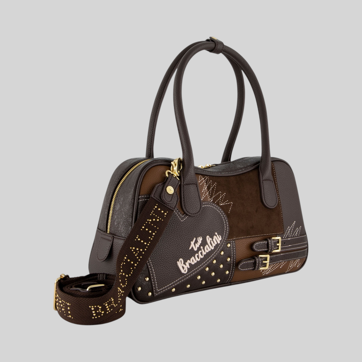 Bauletto LIBUTTI Amy Patchwork marrone cioccolato con inserti in suede, ricami, maxi cuore e dettagli dorati
