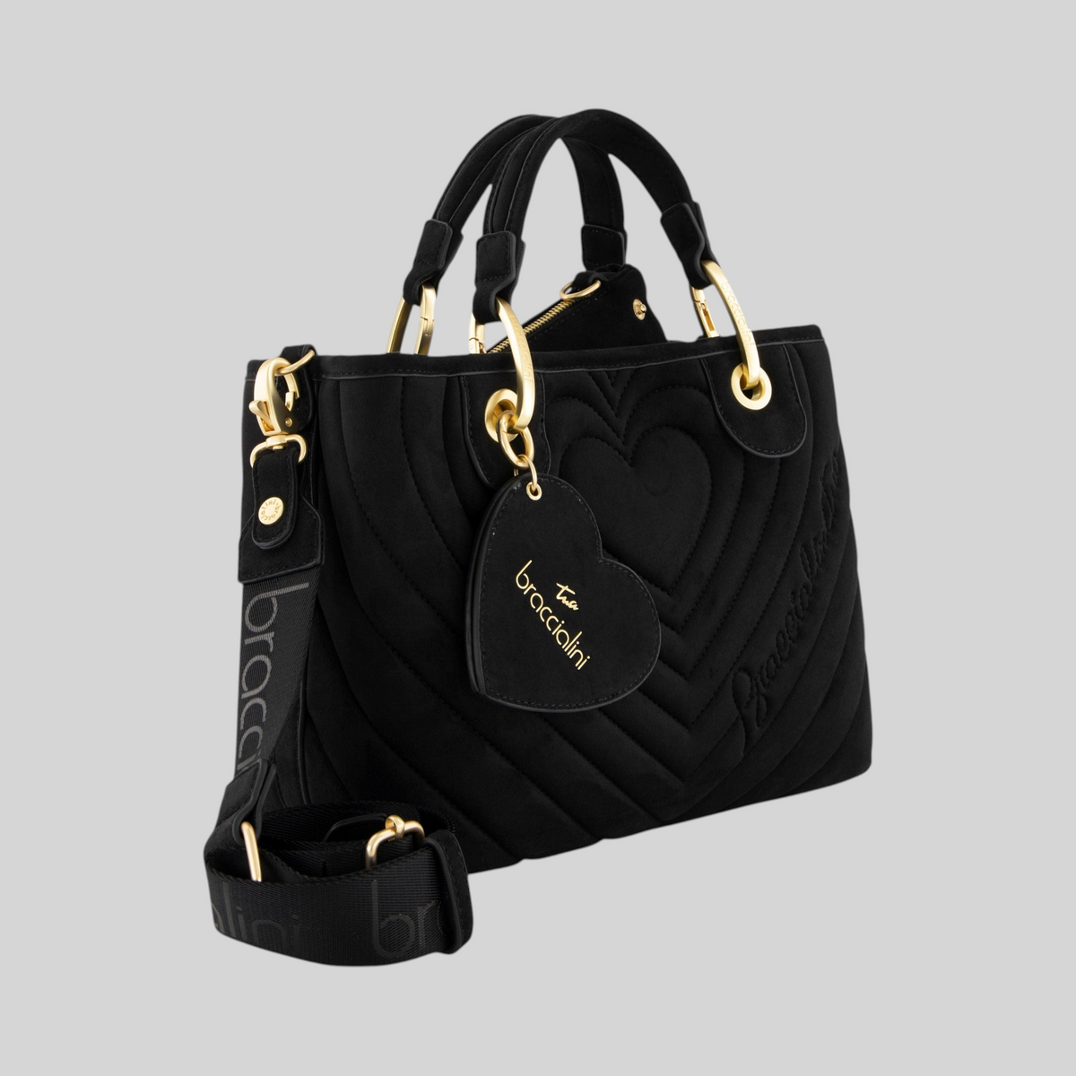 Borsa a mano LIBUTTI nera effetto suede con trapuntatura a cuori, doppi manici e tracolla logata removibile