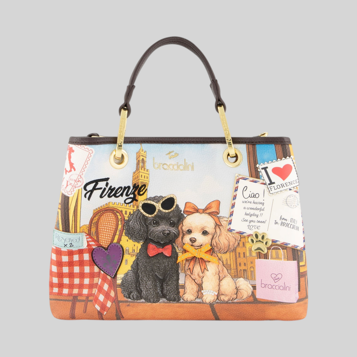 Borsa a mano LIBUTTI Braccialini Cartoline Firenze con stampa di cagnolini, dettagli dorati e manici marroni