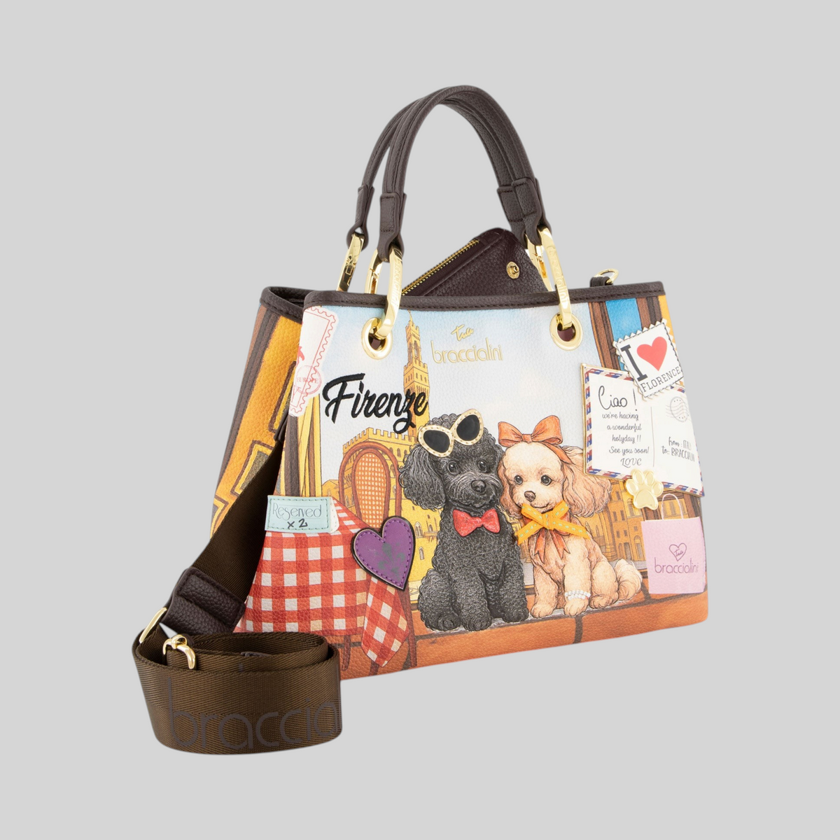 Borsa a mano LIBUTTI Braccialini Cartoline Firenze con stampa di cagnolini, dettagli dorati e tracolla regolabile.