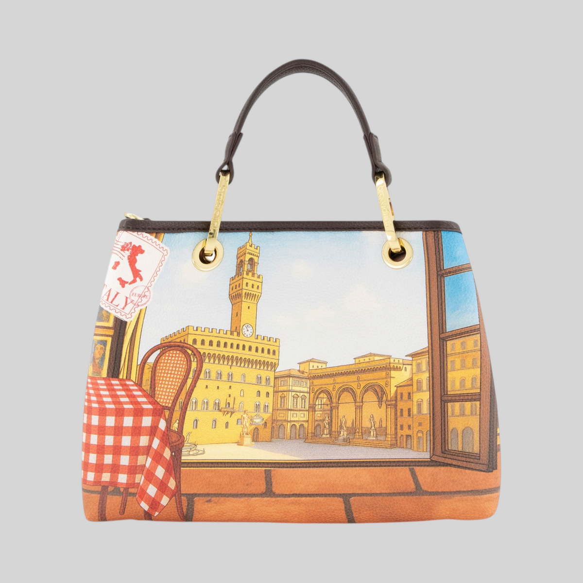 Borsa a mano LIBUTTI Braccialini Cartoline Firenze con stampa panoramica della città e dettagli dorati