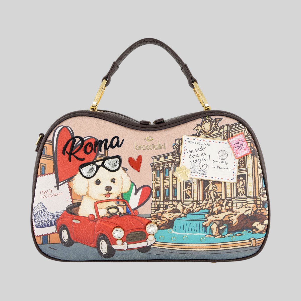 Borsa bauletto LIBUTTI Braccialini Cartoline Roma con stampa di cagnolino in auto rossa e Fontana di Trevi
