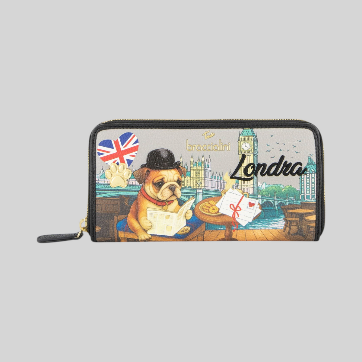 Portafoglio LIBUTTI in pelle con stampa illustrata di un bulldog a Londra e dettagli iconici della città