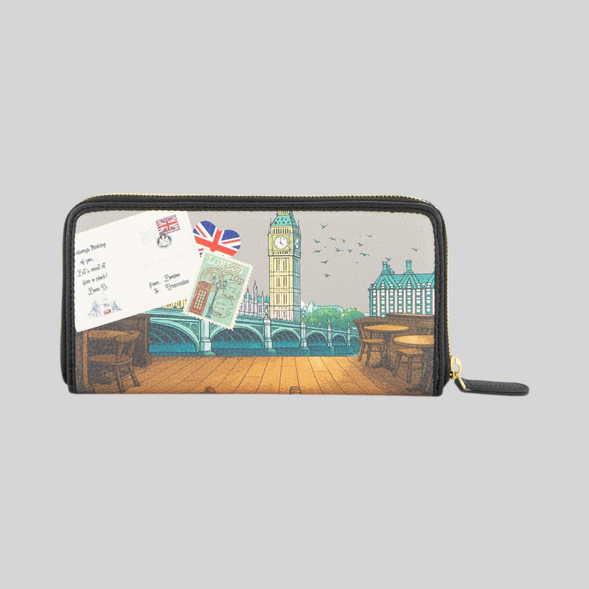 Portafoglio in pelle LIBUTTI con stampa illustrata di Londra, Big Ben e dettagli postali, chiusura a zip