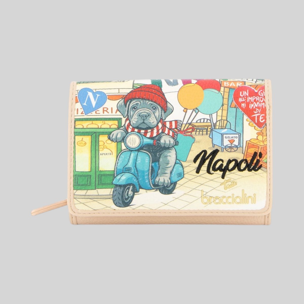 Portafoglio LIBUTTI in pelle beige con illustrazione colorata di un cagnolino su uno scooter a Napoli