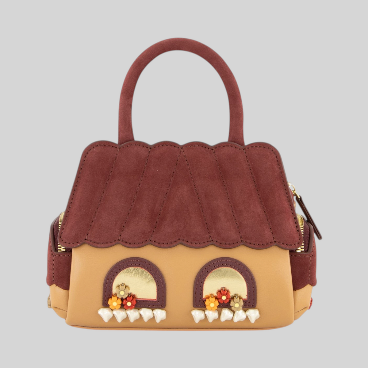 Borsa a mano LIBUTTI Braccialini in pelle e suede vinaccia a forma di chalet con dettagli floreali e borchie