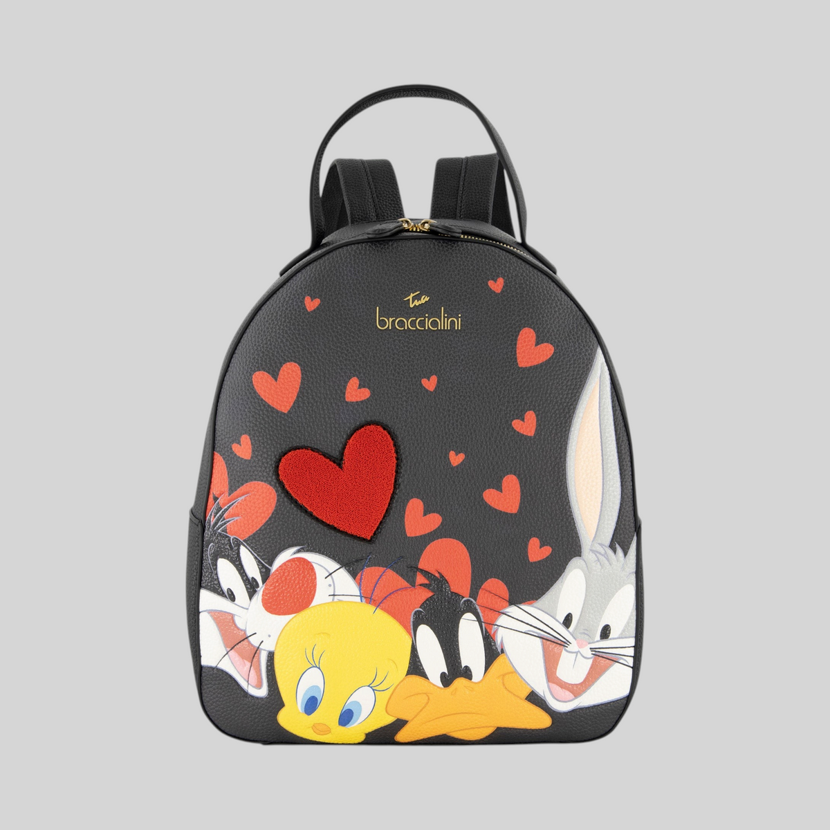 Zaino nero LIBUTTI con stampa Looney Tunes, cuori rossi e dettagli in ecopelle