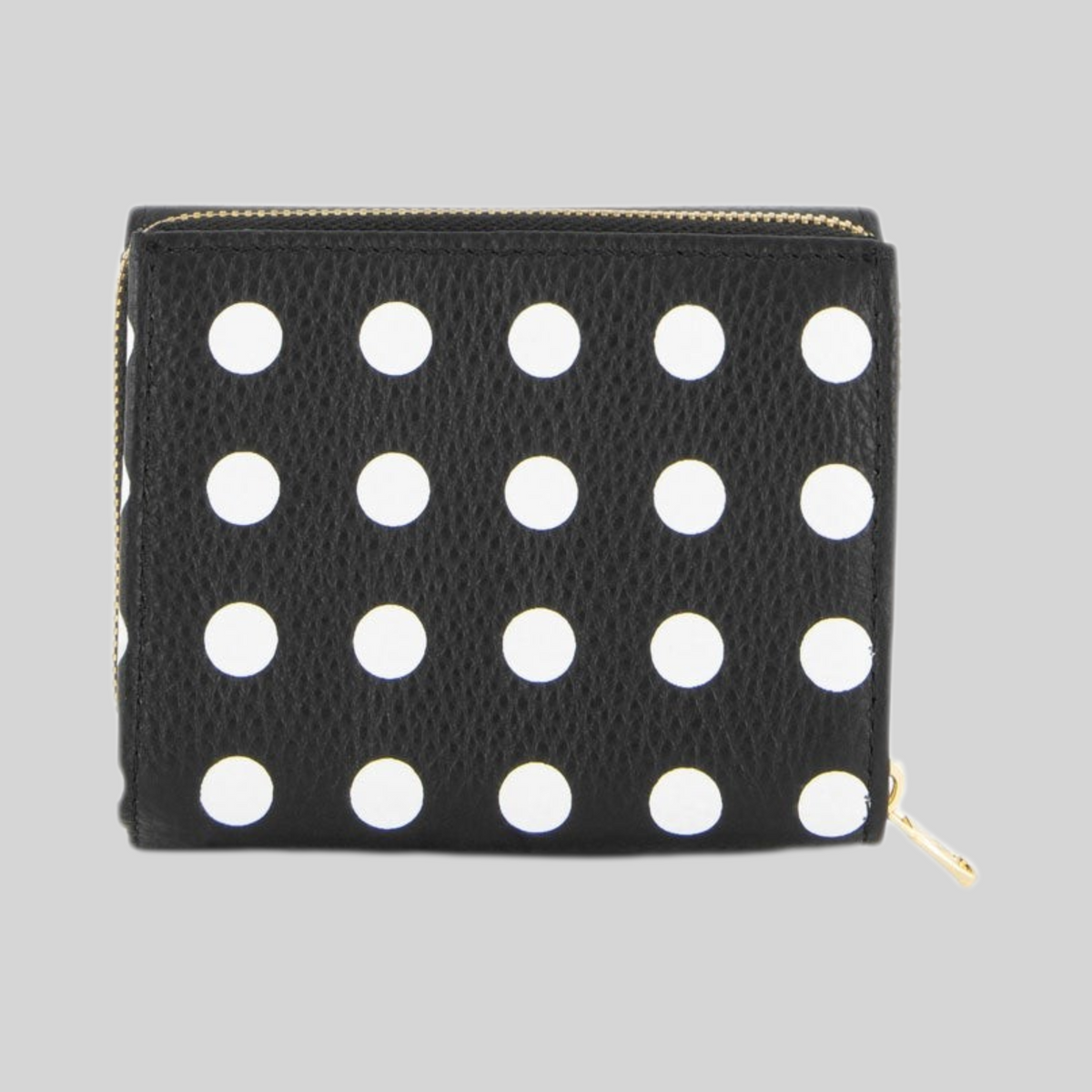 Portafoglio LIBUTTI continental piccolo in pelle nera con stampa a pois bianchi e chiusura a zip