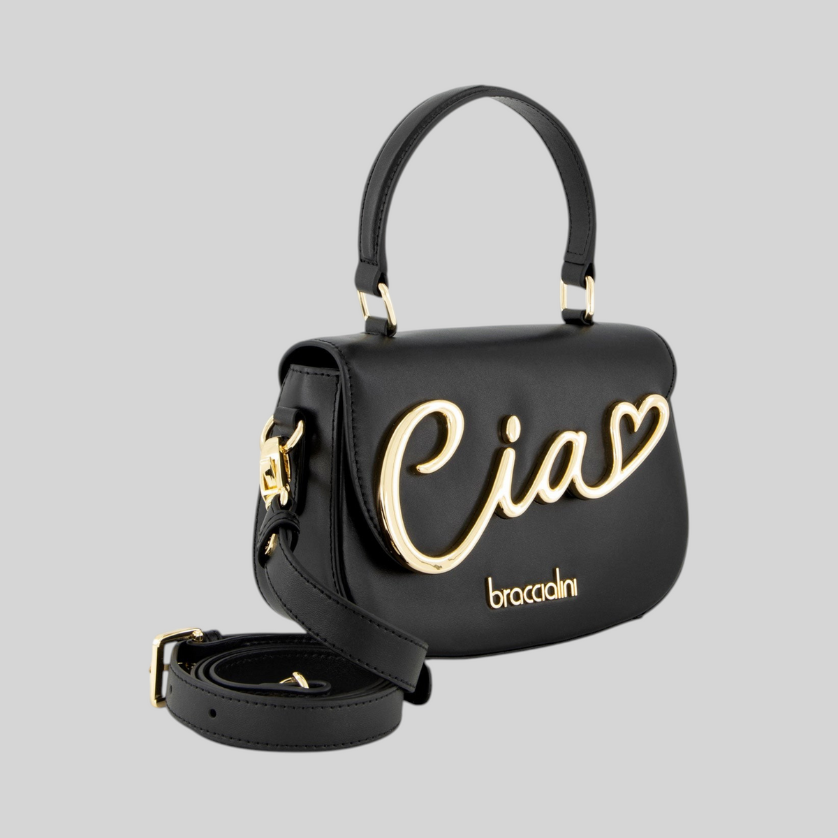 Mini borsa LIBUTTI Braccialini Ciao in pelle nera con scritta metallica dorata, manico e tracolla regolabile.