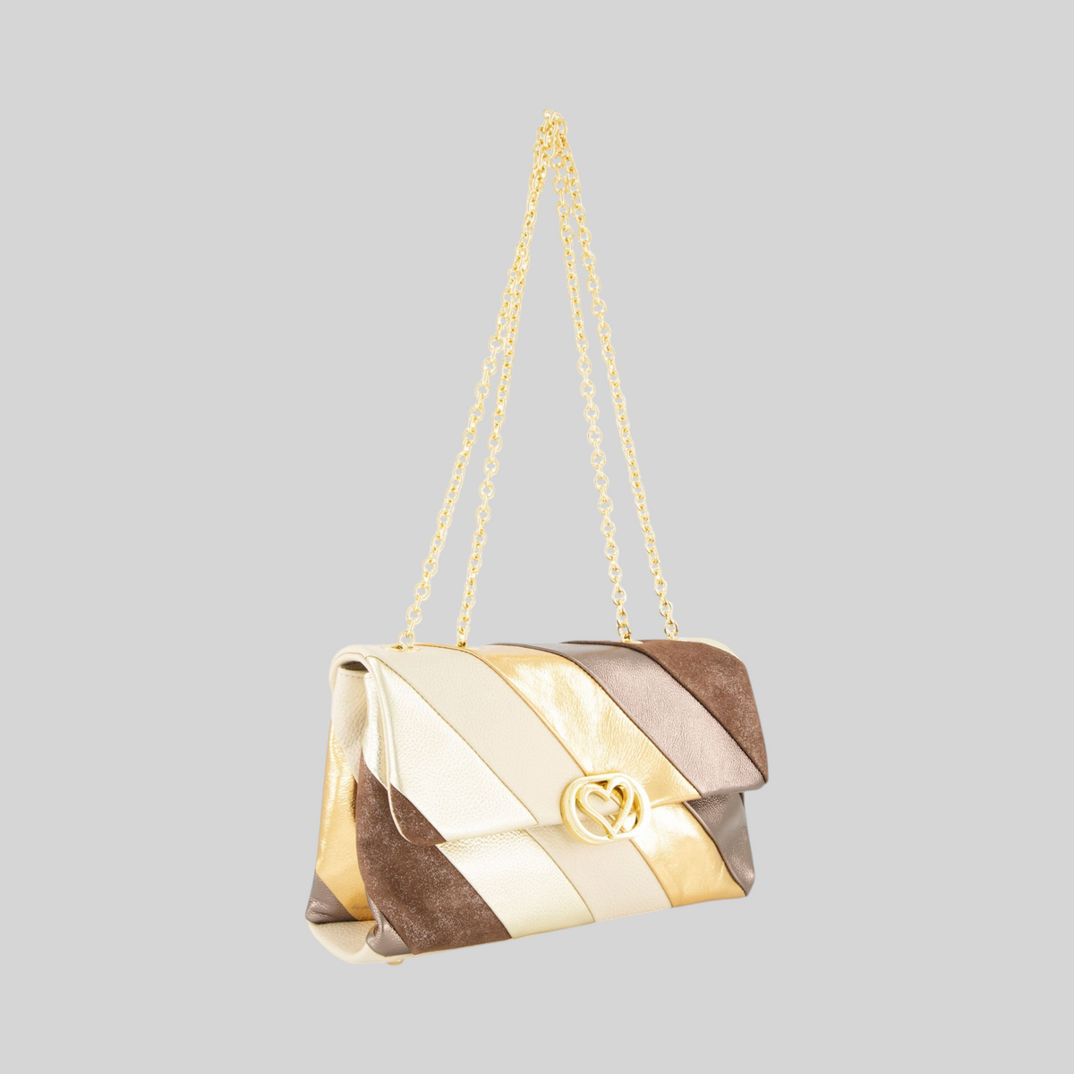 Borsa a tracolla LIBUTTI Braccialini in pelle patchwork con toni metallizzati oro e bronzo e catena dorata