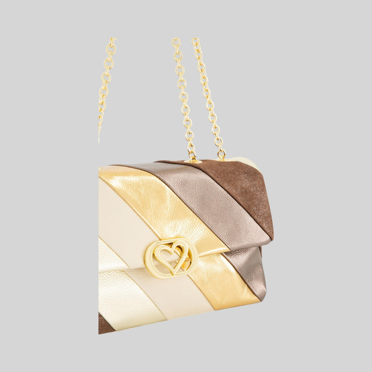 Borsa LIBUTTI in pelle patchwork con tonalità metallizzate, chiusura a cuore dorata e tracolla a catena