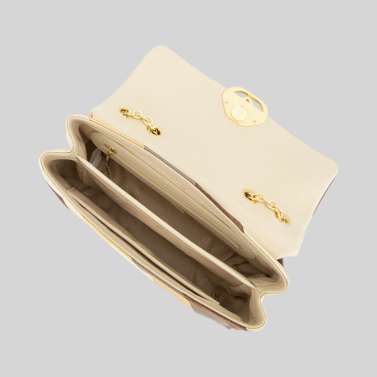 Borsa a tracolla LIBUTTI Braccialini in pelle patchwork color crema con dettagli e catena in metallo dorato