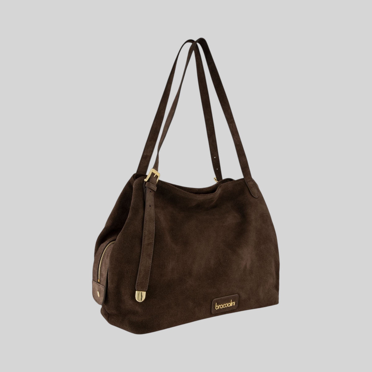 Borsa a spalla LIBUTTI Braccialini Sara in camoscio marrone con dettagli dorati e chiusura a zip