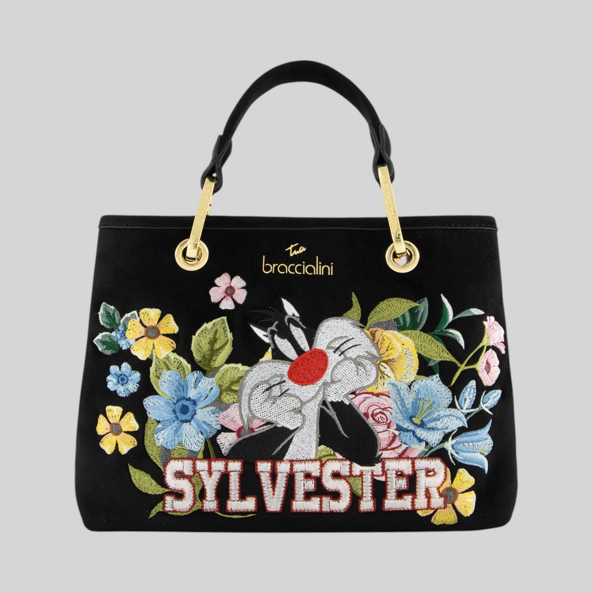 Borsa a mano LIBUTTI nera effetto suede con ricamo floreale di Silvestro Looney Tunes e doppi manici