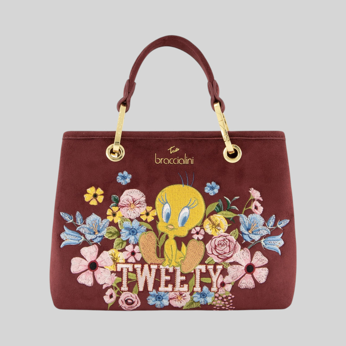 Borsa media LIBUTTI Braccialini Beth in suede bordeaux con ricamo floreale di Titti e dettagli dorati