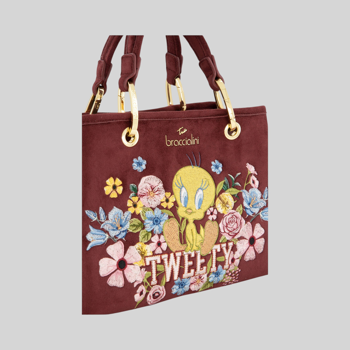 Borsa media LIBUTTI Braccialini Beth in suede bordeaux con ricami floreali colorati e personaggio Titti sul davanti