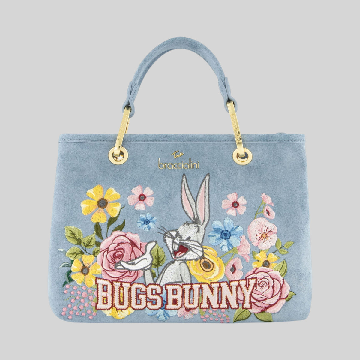 Borsa LIBUTTI Beth in suede color polvere con ricamo floreale di Bugs Bunny e dettagli dorati