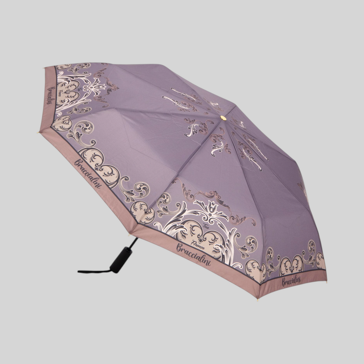 Ombrello pieghevole LIBUTTI Braccialini color cioccolato con elegante motivo ramage dorato e dettagli floreali