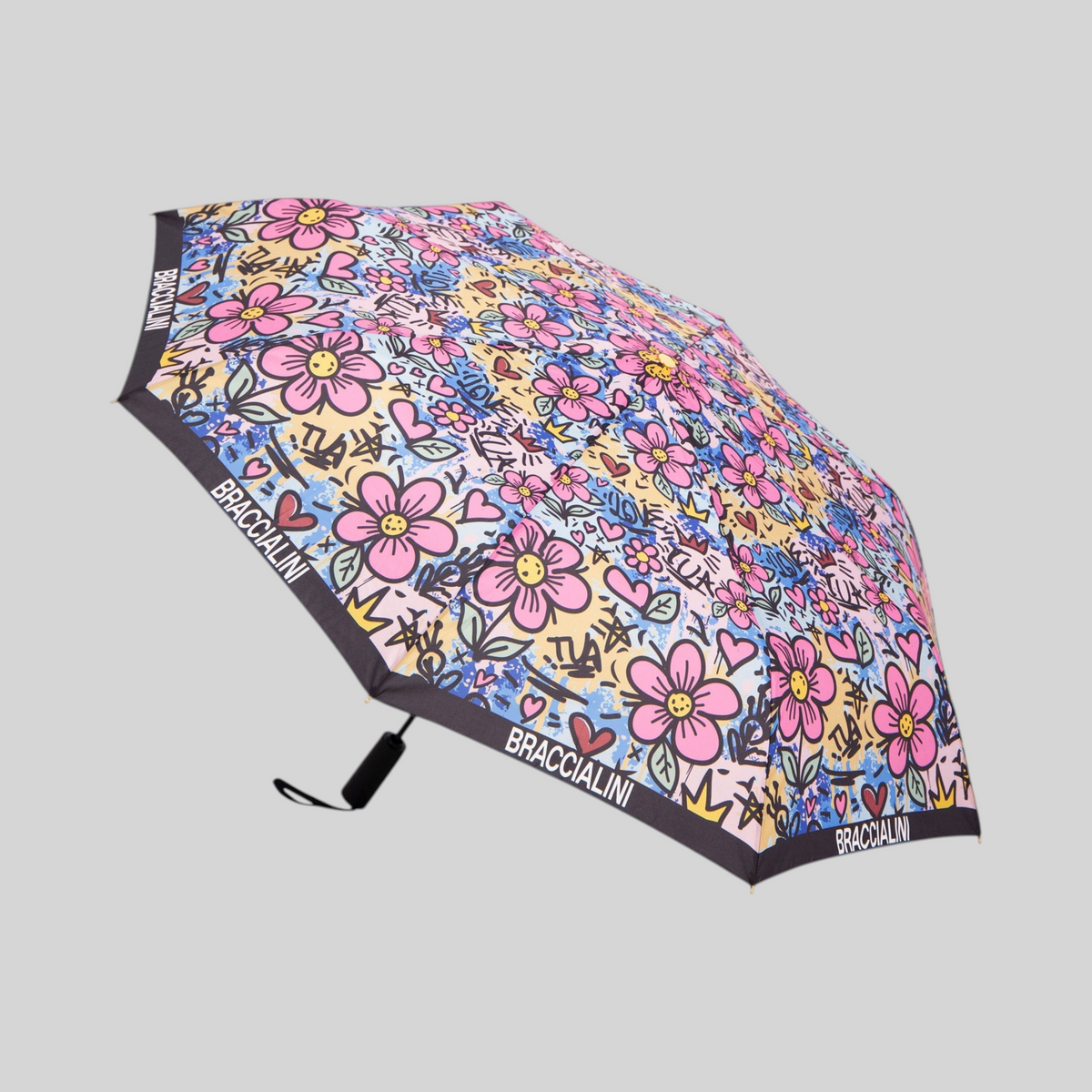 Ombrello LIBUTTI Braccialini Queen Graffiti con stampa colorata di fiori, cuori e motivi urban su fondo bianco