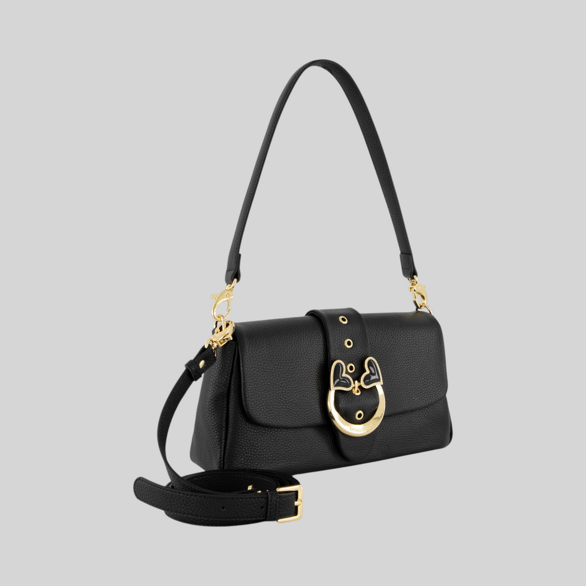 Borsa a spalla LIBUTTI Braccialini Baroque in pelle nera con fibbia gioiello a forma di cuore e tracolla regolabile.