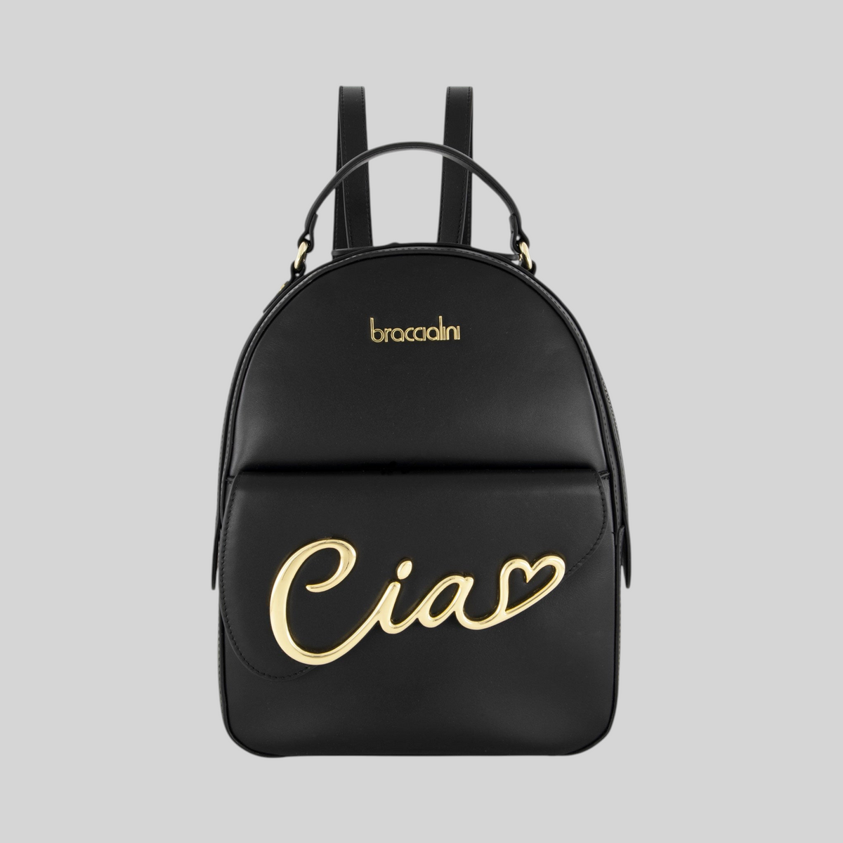 Zaino LIBUTTI Braccialini Ciao in pelle nera con logo metallico dorato, manico superiore e spallacci regolabili