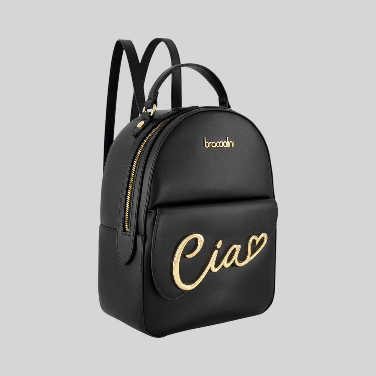 Zaino LIBUTTI Braccialini Ciao in pelle nera con logo dorato, manico superiore e spallacci regolabili