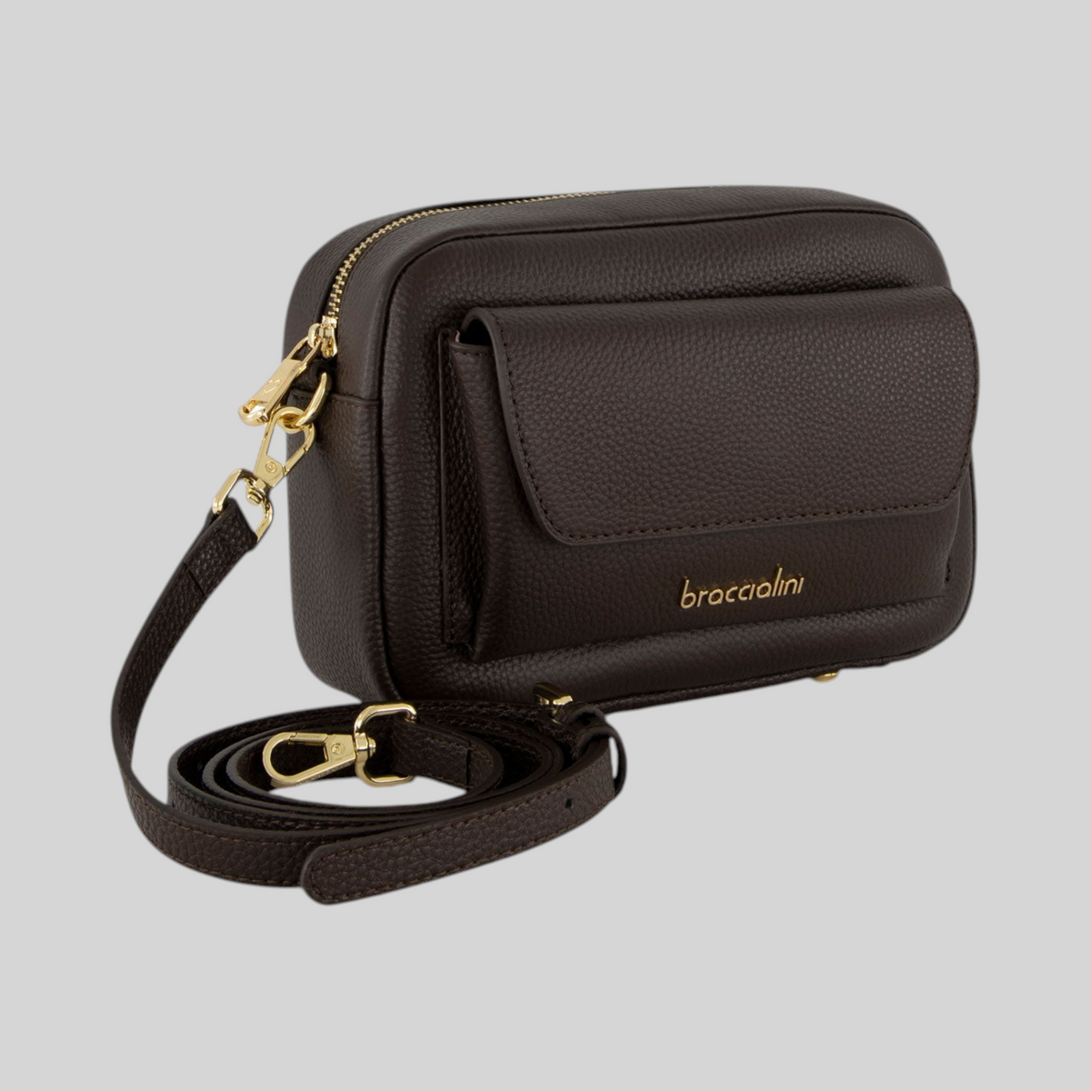 Borsa a tracolla LIBUTTI linea Dolly in pelle martellata marrone con dettagli dorati e tasca frontale