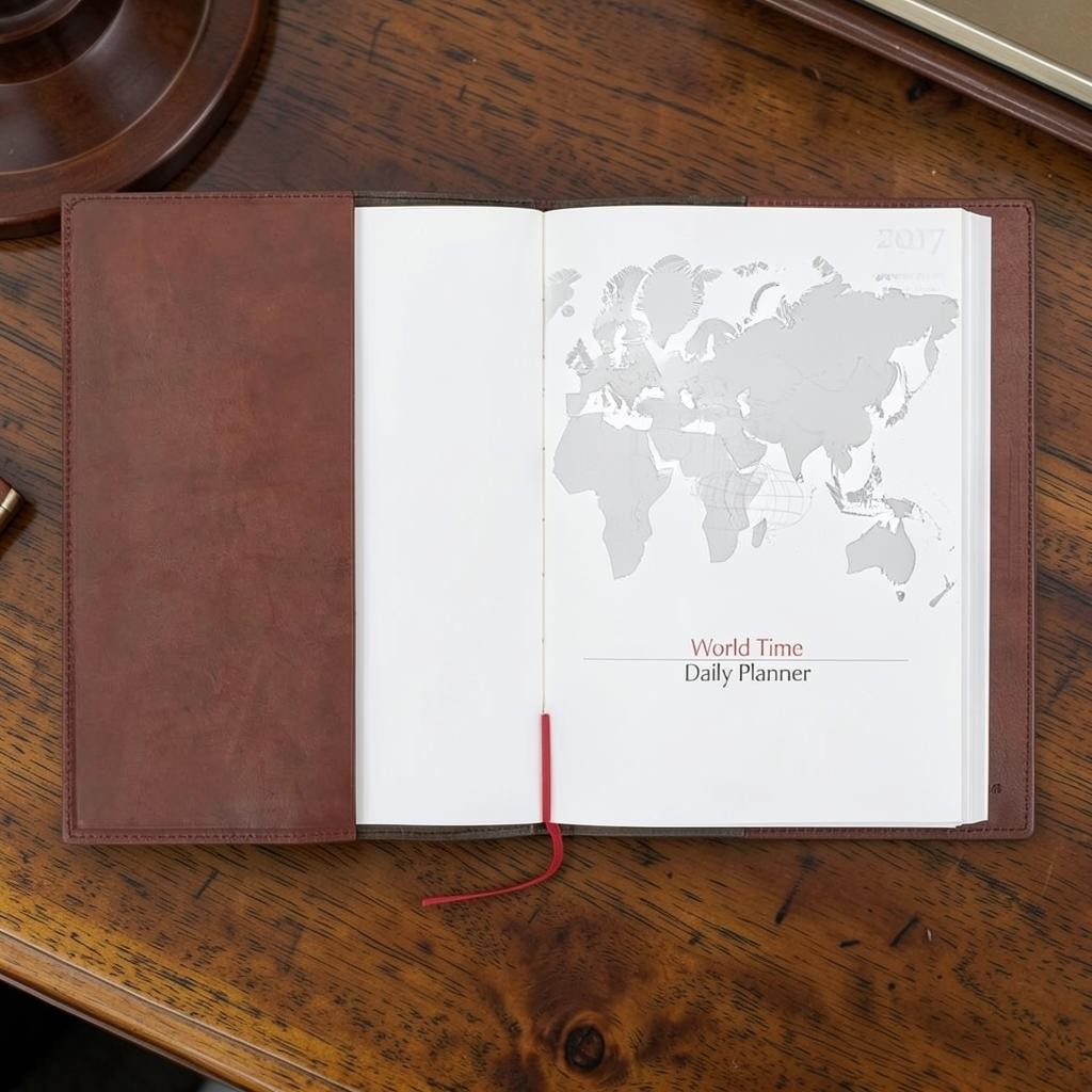 Agenda LIBUTTI in cuoio marrone 15x21 cm aperta su scrivania con pagina di pianificazione mondiale