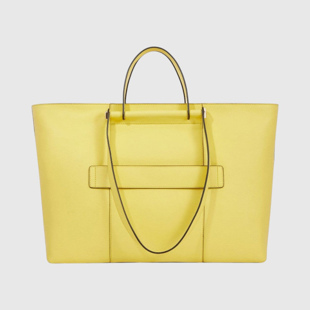 Borsa LIBUTTI in pelle gialla con quattro manici, scomparto imbottito per laptop 15,6 pollici e sistema per trolley.