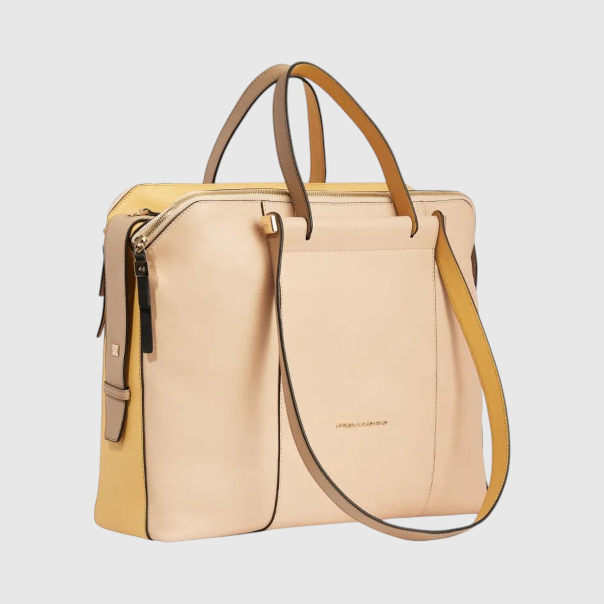 Borsa professionale LIBUTTI in pelle beige e gialla con scomparti per PC 14 pollici e tracolla regolabile