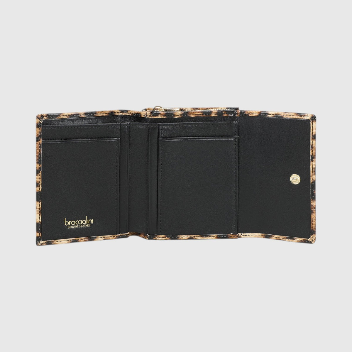 Portafoglio LIBUTTI Braccialini in pelle con stampa leopardata, interno nero con scomparti per carte e contanti