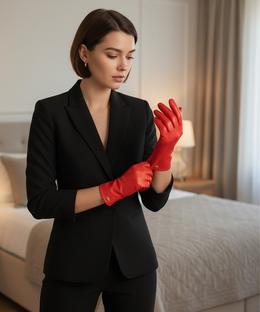 Donna che indossa eleganti guanti in pelle rossa LIBUTTI con dettagli dorati, abbinati a un blazer nero sartoriale.