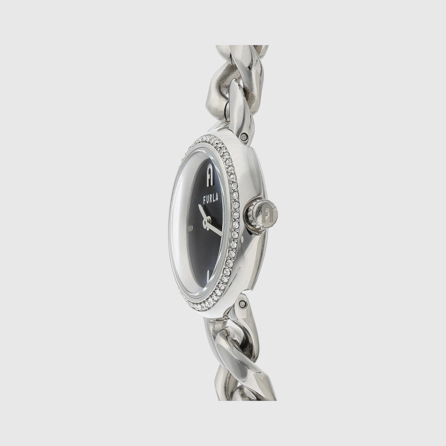 Orologio LIBUTTI Furla Chain Round con cassa 28mm, quadrante nero, lunetta con cristalli e bracciale a maglie silver