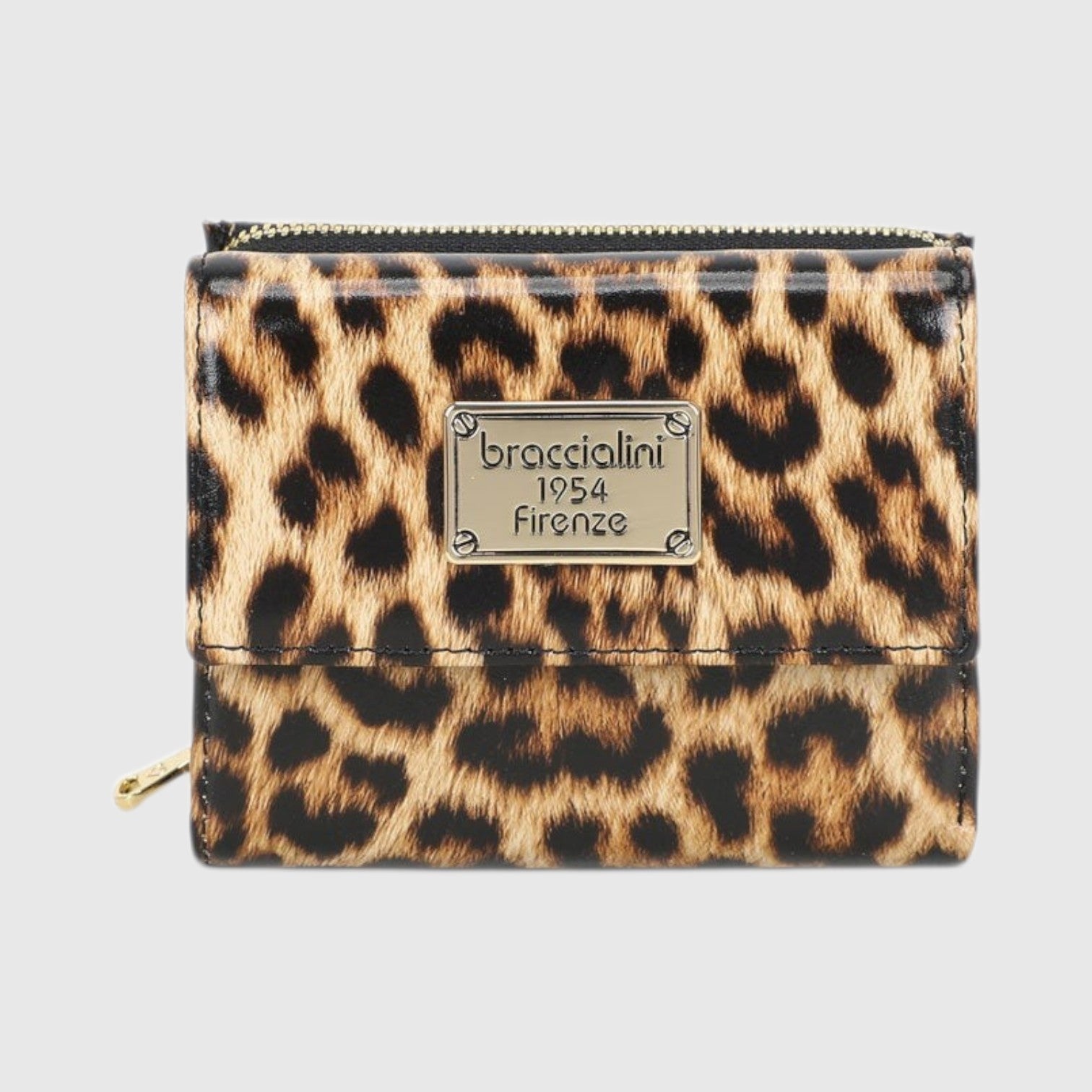 Portafoglio LIBUTTI Braccialini in pelle con stampa leopardata e placca metallica dorata con logo