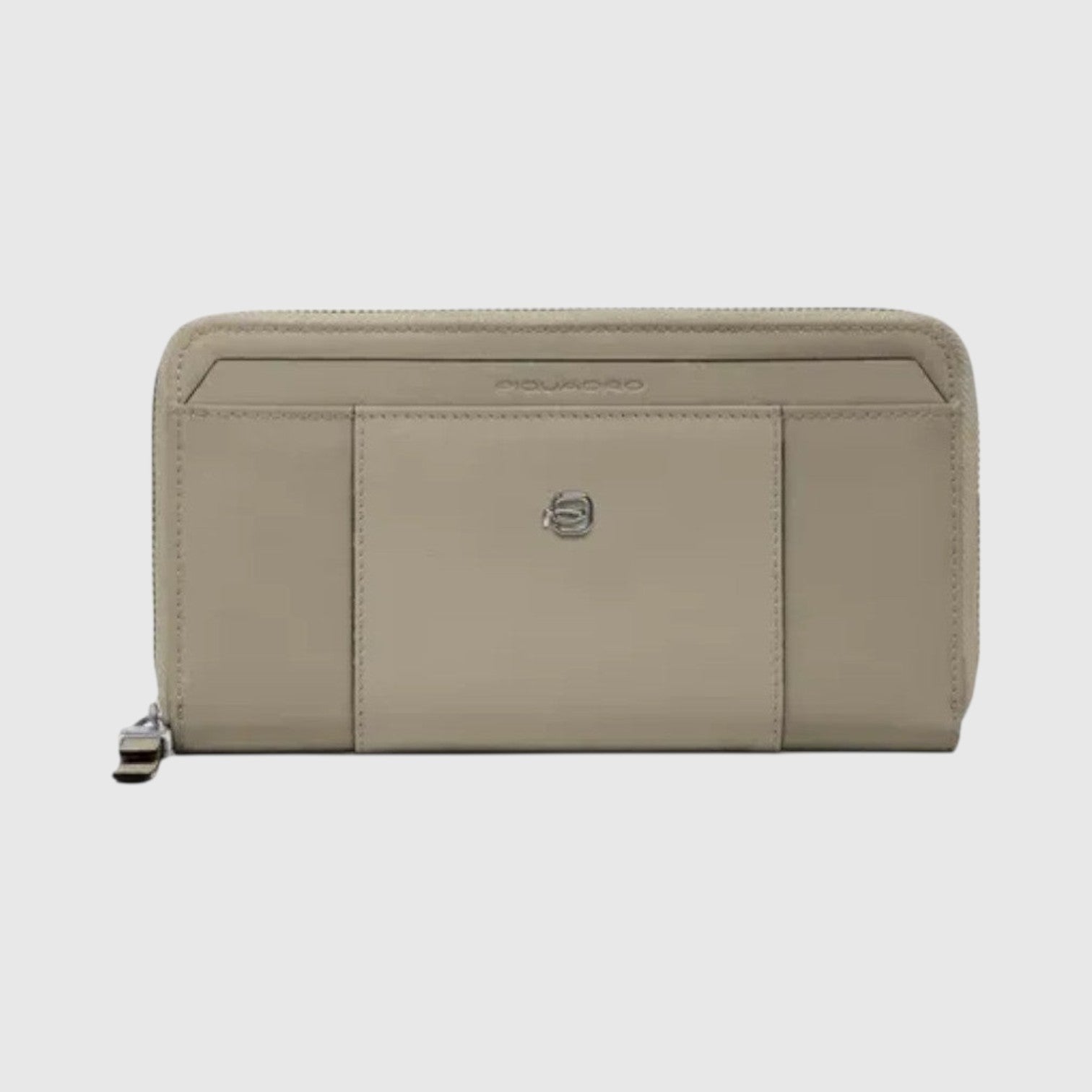 Portafoglio donna LIBUTTI in pelle e tessuto color tortora con chiusura zip e protezione RFID