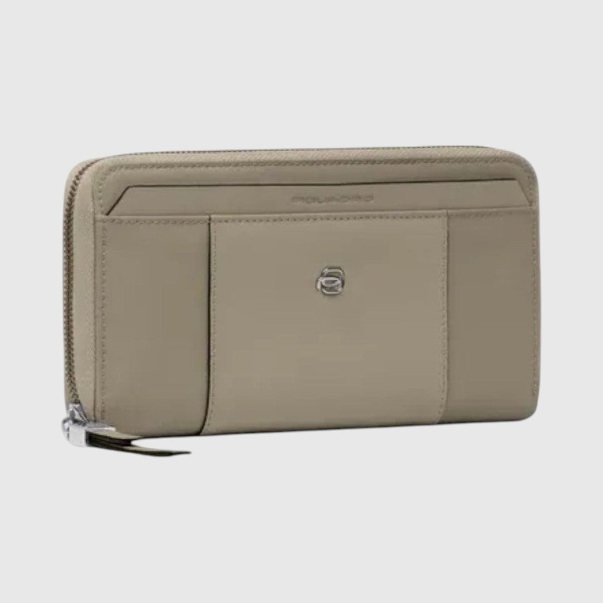 Portafoglio donna LIBUTTI collezione Circle in pelle e tessuto color tortora con chiusura zip e protezione RFID