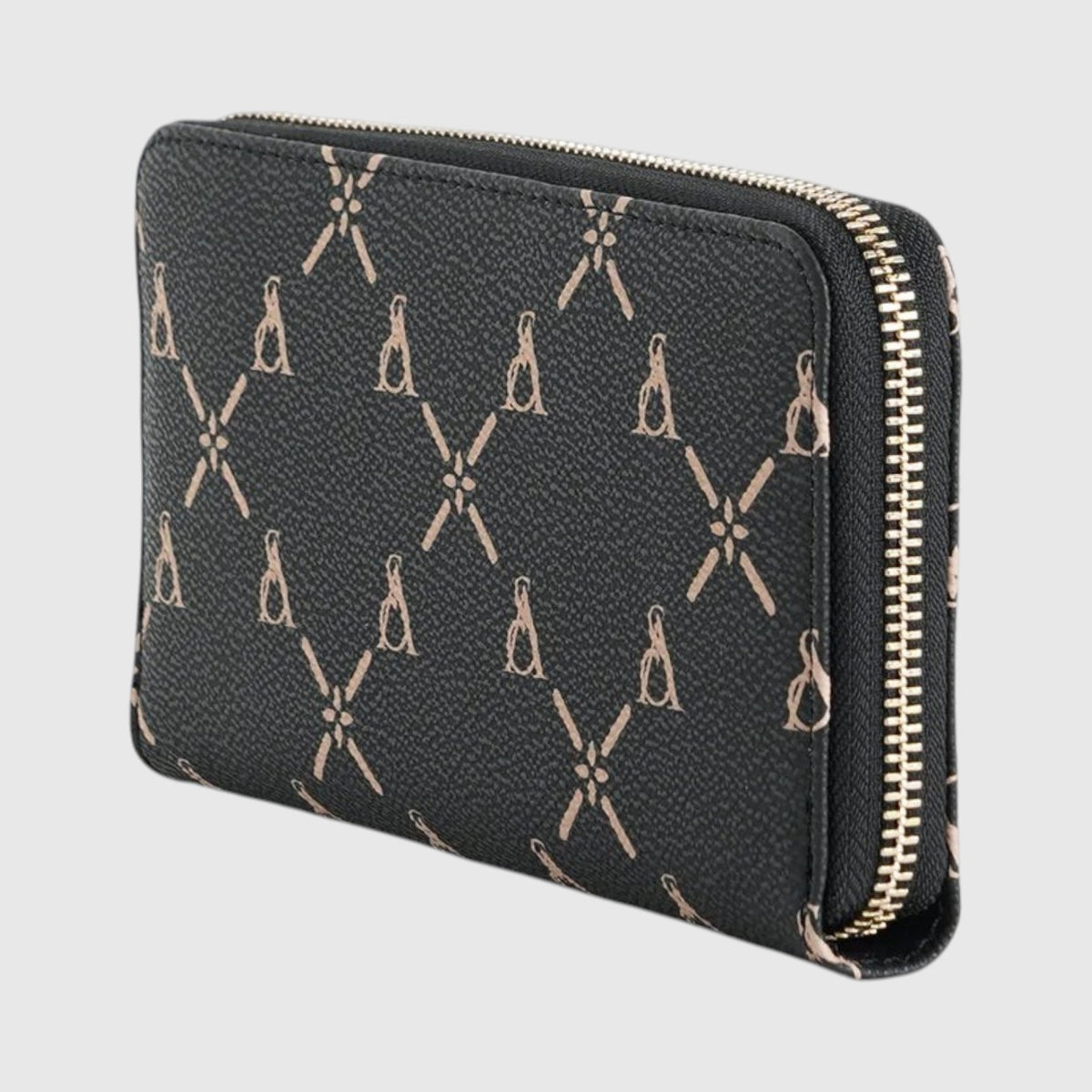 Portafoglio LIBUTTI modello Fleur nero con stampa monogramma beige e chiusura a zip dorata