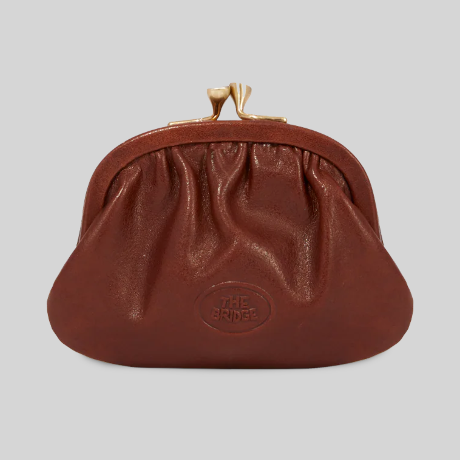 Portamonete vintage LIBUTTI in pelle marrone con chiusura a scatto metallica e logo impresso
