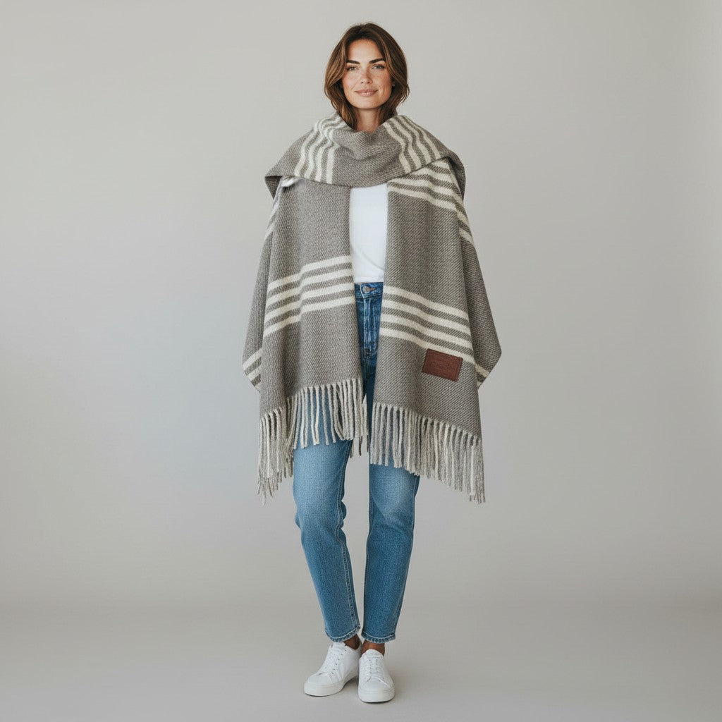 Modella indossa una sciarpa unisex LIBUTTI a righe grigie e bianche con frange e logo in pelle su sfondo neutro