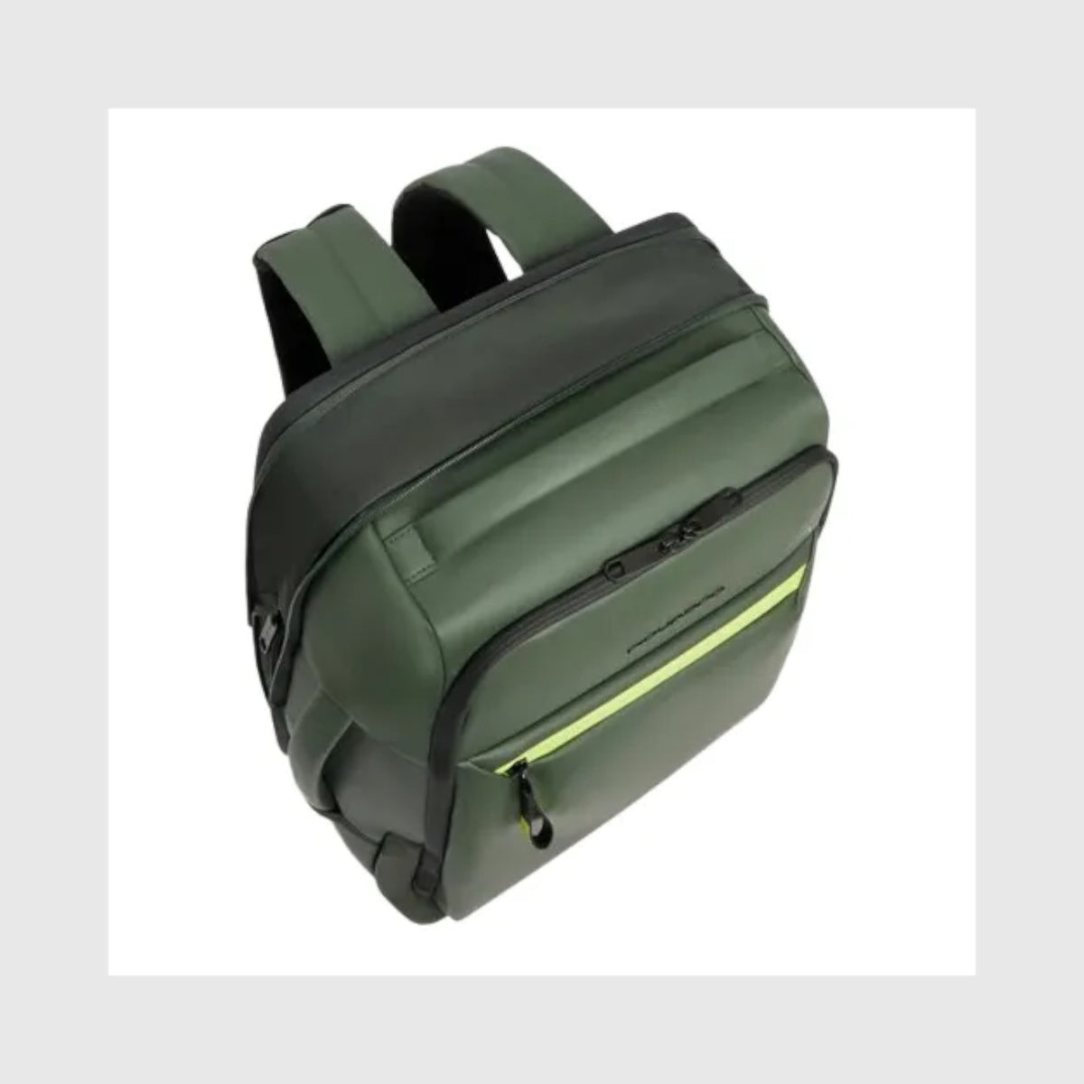 Zaino da viaggio LIBUTTI in tessuto gommato verde oliva, espandibile, con scomparto per notebook e dettagli neon.