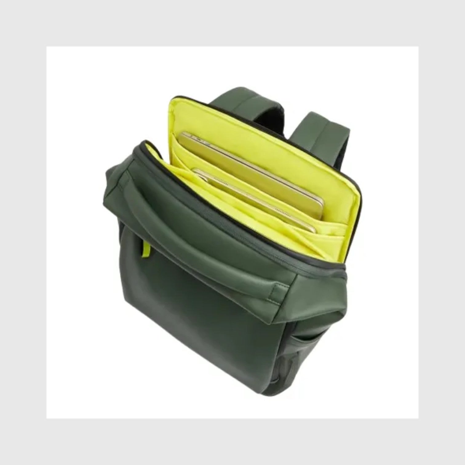 Zaino da viaggio LIBUTTI in tessuto gommato verde con interno giallo fluo, scomparti per laptop e design espandibile