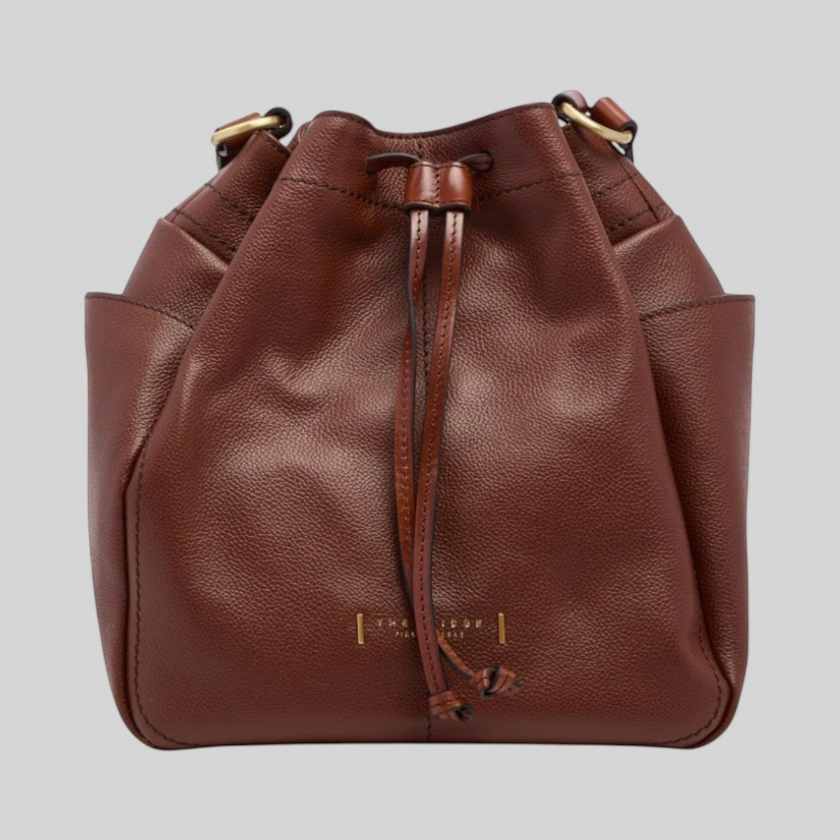 Borsa secchiello LIBUTTI Letizia in pelle di vacchetta marrone lucida con chiusura a coulisse e tracolla regolabile